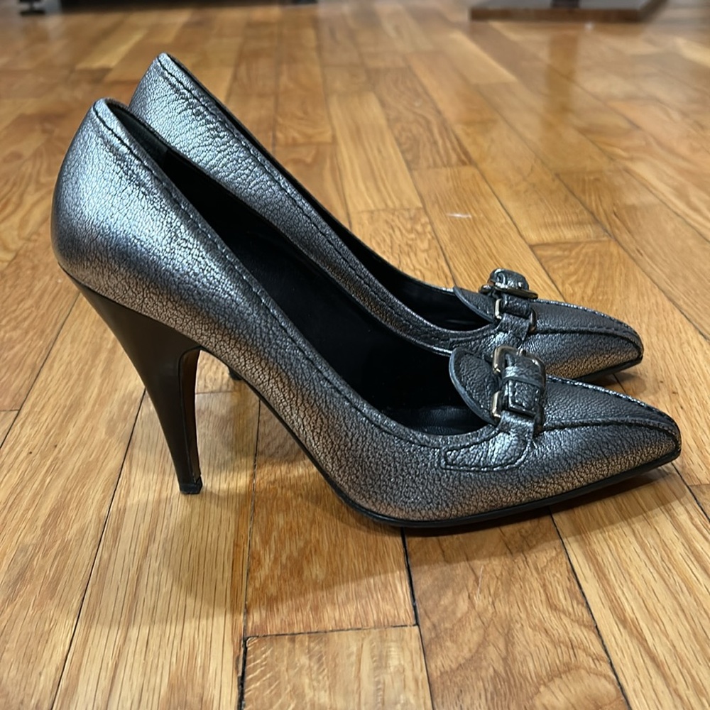 Prada leather heels 38 buckles gold toned silver gray black stilettos